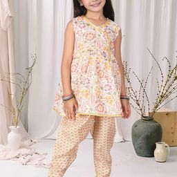 Cutiekins Girls Floral Printed V-Neck Angrakha Gotta Patti A-Line Kurta With Dhoti Pants-picture-8
