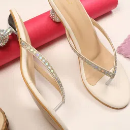 DressBerry Women Off White Embellished PU Party Kitten Sandals-31