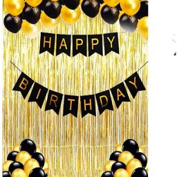 Solid Balloons Combo Kit Pack of 1 Piece Happy Birthday Banner, 30 Black and Golden Balloon, 2 Golden Curtains for Birthday Decoration Balloon-23