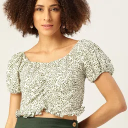 Off Label White & Olive Green Printed Fitted Crop Top-image-80