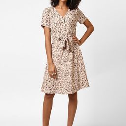 Harpa Women Beige Printed Fit and Flare Dress-image-50