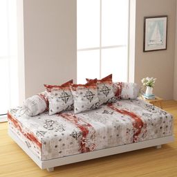 SWAYAM Set Of 6 Beige & Red Printed 144 TC Bedsheet With Bolster & Cushion Covers image 1