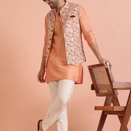 KISAH Mandarin Collar Straight Kurta & Trouser With Printed Nehru Jacket-image-36