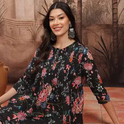 Sangria Floral Print Cotton Pleated A-Line Midi Ethnic Dress-picture-53