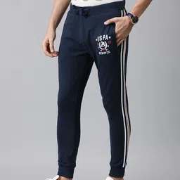 U.S. Polo Assn. Denim Co. Navy Blue Slim Fit Solid Knitted Joggers with Side Stripes-image-104