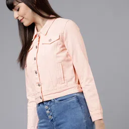 Tokyo Talkies Women Peach-Coloured Solid Denim Jacket-44