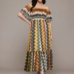 Label Ritu Kumar Printed Off-Shoulder Layered Chiffon A-Line Maxi Dress-47