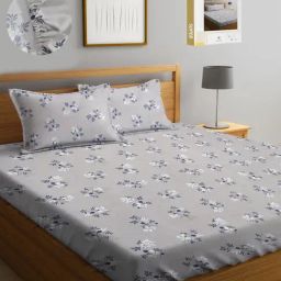 Klotthe Printed Grey 300 TC Cotton Blend Double Bed Sheet with 2 Pillow Covers-image-59