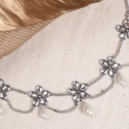 Teejh Floweret Polki Silver Oxidized Pearl Choker Necklace-image-7