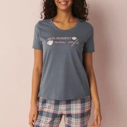 La Vie En Rose Blue Cotton Printed T-Shirt-image-85