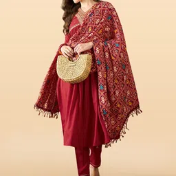 Anouk Rustic Ethnic Motifs Yoke Design Pleated Sequinned Kurta with Trouser & Dupatta-picture-23