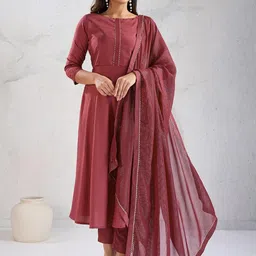 Inddus Women Solid A-Line Kurta with Trousers & Dupatta-image-11