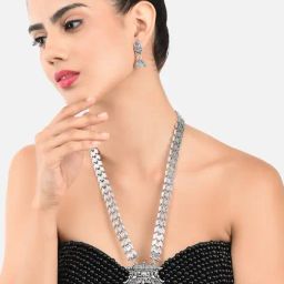 Zaveri Pearls Antique Silver Tone Goddess Laxmi Long Temple Necklace & Earring Set-ZPFK10282-38