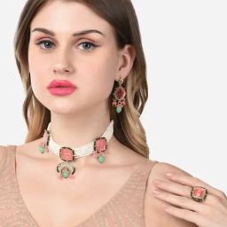 Zaveri Pearls Pink & Green Multistrand Pearls Beaded Choker Necklace Earring & Ring Set-ZPFK14758-27