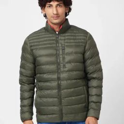 Spykar Olive Green Packable Puffer Jacket With Branded Print On Neck-image-40