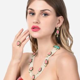 Zaveri Pearls Pink Stones & Green Beads Multistrand Pearls Necklace Earring & Ring Set-ZPFK14747-28