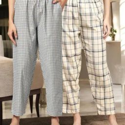 Kryptic Off White & Blue Cotton Relaxed Fit Printed Lounge Pants - Pack of 2-image-114