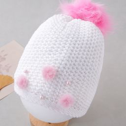 Babyhug Woollen Cap Pom Pom Applique White - Diameter 14 cm-image-62