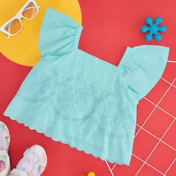 Pantaloons Junior Frill Sleeves Floral Embroidered Top - Blue-picture-37