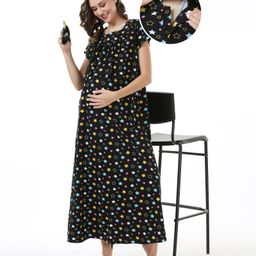 Bella Mama Cotton Knit Half Sleeves Maternity Nursing Nighty with Concealed Zipper Star Print - Black-picture-30