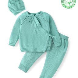 Babyhug Knitted Full Sleeves Side Tie Up Sweater Set with Cap - Aqua Blue-image-11