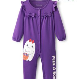 Babyoye 100% Cotton Full Sleeves Romper with Frill & Bow Detailing Cartoon Print - Purple-image-41