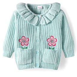 Babyhug Knit Full Sleeves Front Open Sweater With Frill & Sequinned Floral Design with Pockets- Light Blue-image-37