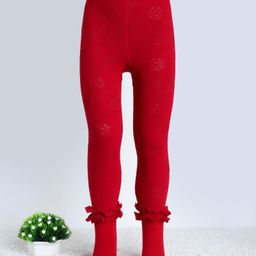 Mustang Cotton Knit Footed Stockings with Frill Detailing & Floral Design - Red-image-66