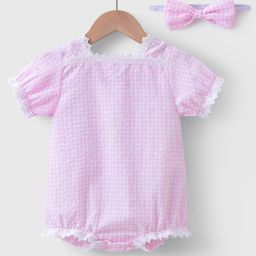 Mark & Mia Half Sleeves Checkered Onesie with Headband & Lace Detailing - Pink-image-83