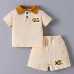 Mark & Mia Cotton Half Sleeves Textured Collar T-Shirt & Shorts Set With OK Text Embroidery - Beige-image-4