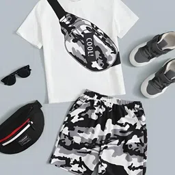 Googo Gaaga Cotton Half Sleeves Bag Printed Tee & Camouflage Printed Shorts Set - White-picture-10