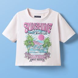 Pine Kids Cotton Knit Half Sleeves Oversize Shoulder Drop T-Shirt With Sunshine Text Print - White-picture-19