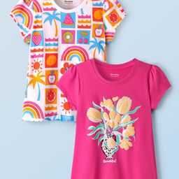 Honeyhap Premium 100% Cotton Bio Finish Half Sleeves Tops With Floral & Tropical Print Pack Of 2 - Azalea Pink & Bright White-image-60