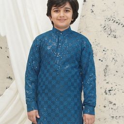 AJ Dezines Cotton Blend Full Sleeves Floral Embroidered & Sequins Embellished Kurta - Blue-image-35