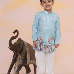 KID1 Silk Full Sleeves Floral Printed Kurta Pyjama Set - Sky Blue-image-78