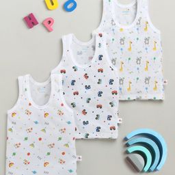 BUMZEE Cotton Pack Of 3 Sleeveless Car & Animals Printed Vests - White-picture-15