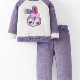 Mark & Mia Full Raglan Sleeves Winter Wear Night Suit With Rabbit Patch Embroidery - Purple & White-picture-46