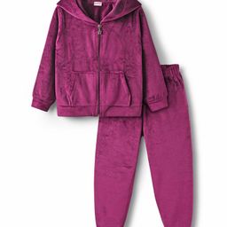 Babyhug Velour Woven Full Sleeves Shimmered Hooded Sweatshirt & Jogger Set with Kangaroo Pocket - Wine-image-90