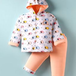 Child World Cotton Knit Full Sleeves Hooded Winter Wear Suits with Elephant Print - Peach & White-picture-11