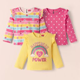 Babyhug 100% Cotton Knit Full Sleeves Striped T-Shirts with Star Polka Dots & Rainbow Print Pack of 3 - Pink Yellow & White-image-17