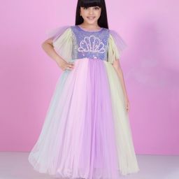 Ministitch Net Woven Half Flutter Sleeves Pearls & Sequins Embellished Gown - Multi Colour-picture-15