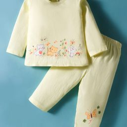 Tango Single Jersey Knit Full Sleeves Top and Lounge Pant Set With Kitty & Floral Print - Yellow-picture-17