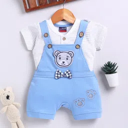 Jb Club Cotton Knit Bear Face Patch Embroidered Dungaree With Half Sleeves Tee Set - Blue-picture-32
