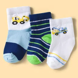 Cute Walk by Babyhug Knit Ankle Length Anti Bacterial Socks with Stripes & Vehicle Design Pack of 3 - Multicolor-picture-25