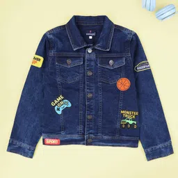 Kiddopanti Denim Woven Full Sleeves Basketball Patch Detailed Jacket - Dark Rag Blue-picture-19