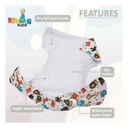 Chinmay Kids  Freesize Reusable Washable Adjustable Snap Buttons Cloth Diaper For Babies With Wet Free Insert Pads Leak Proof & Dry Feel- White Lion image 3