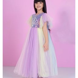 Ministitch Net Woven Half Flutter Sleeves Pearls & Sequins Embellished Gown - Multi Colour image 4