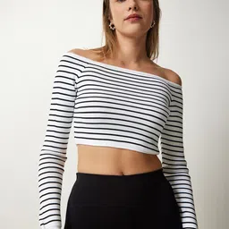 Happiness istanbul Striped Monochrome Off-Shoulder Bardot Crop Top-image-74