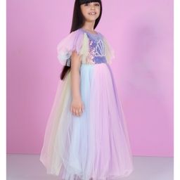 Ministitch Net Woven Half Flutter Sleeves Pearls & Sequins Embellished Gown - Multi Colour image 5