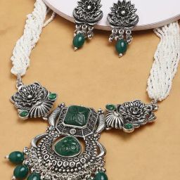 OOMPH Oxidized Silver Tone Green Jaipur Stones Ethnic Necklace Set with Drop Earrings-18